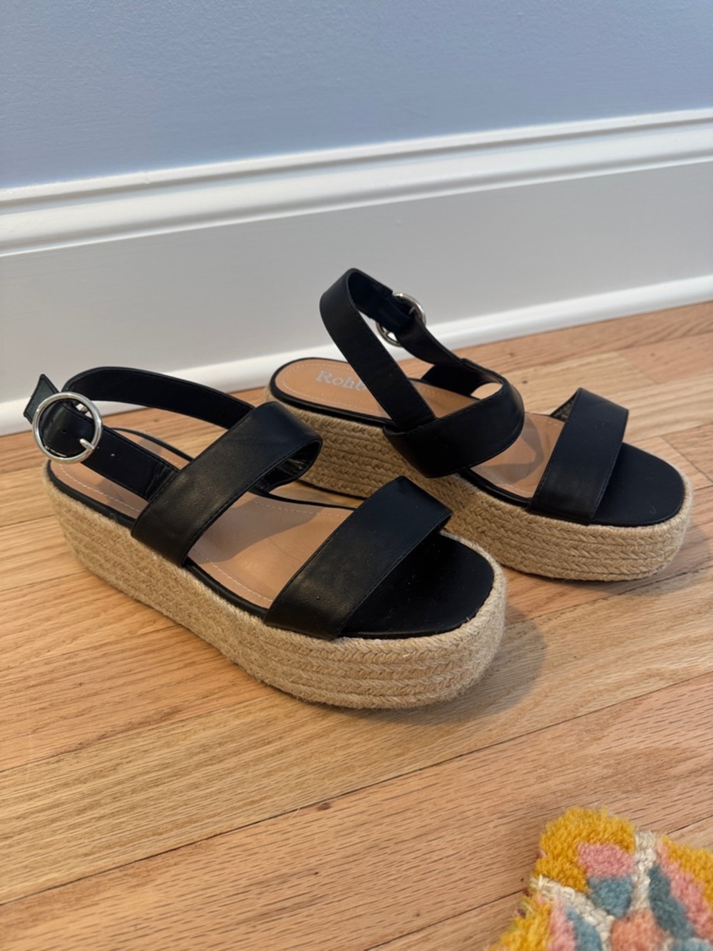 Rohb by Joyce Azria Black Flatform Espadrille Raffia Sandals